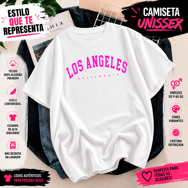Camiseta Tshirt 100% Algodão Tecido Premium Delicado Casual Academia Los Angeles Pink