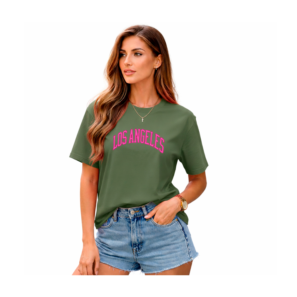 Camiseta Feminina T-shirt Versátil 100% Algodão Premium Los Angeles Pink