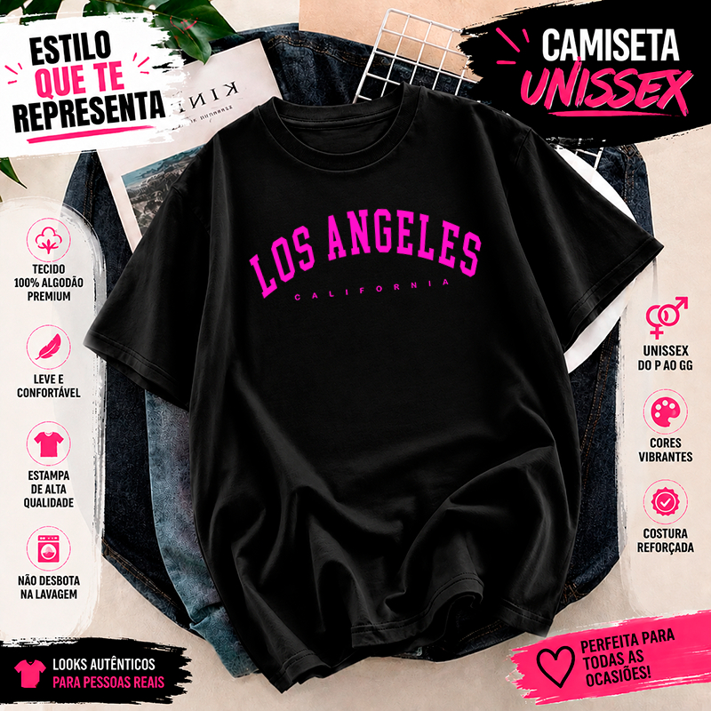 Camiseta Tshirt 100% Algodão Tecido Premium Delicado Casual Academia Los Angeles Pink