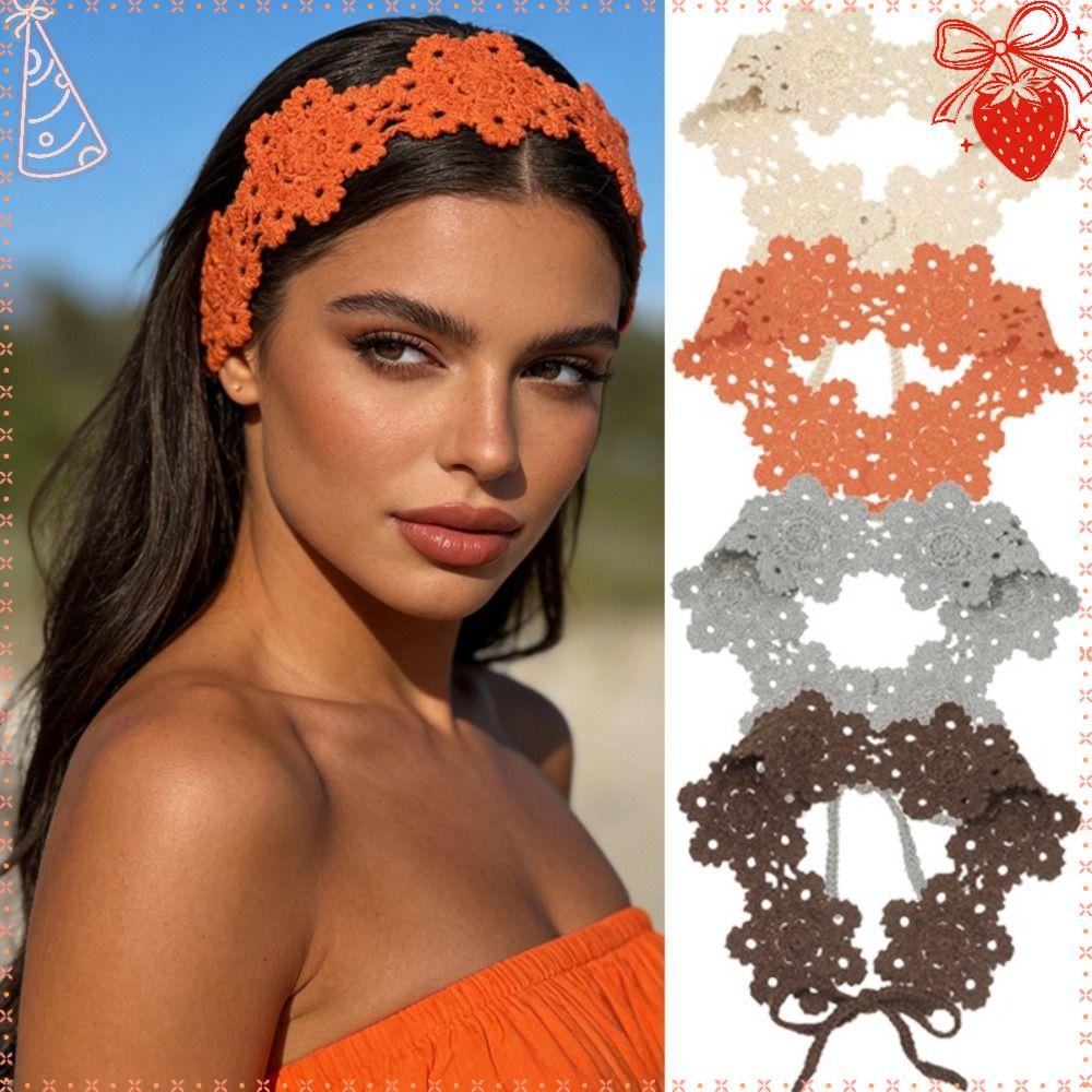 Faixa De Cabeça Tecida À Mão , Cabelo De Crochê Com Design De Flor Oca De Dupla Face Larga Floral