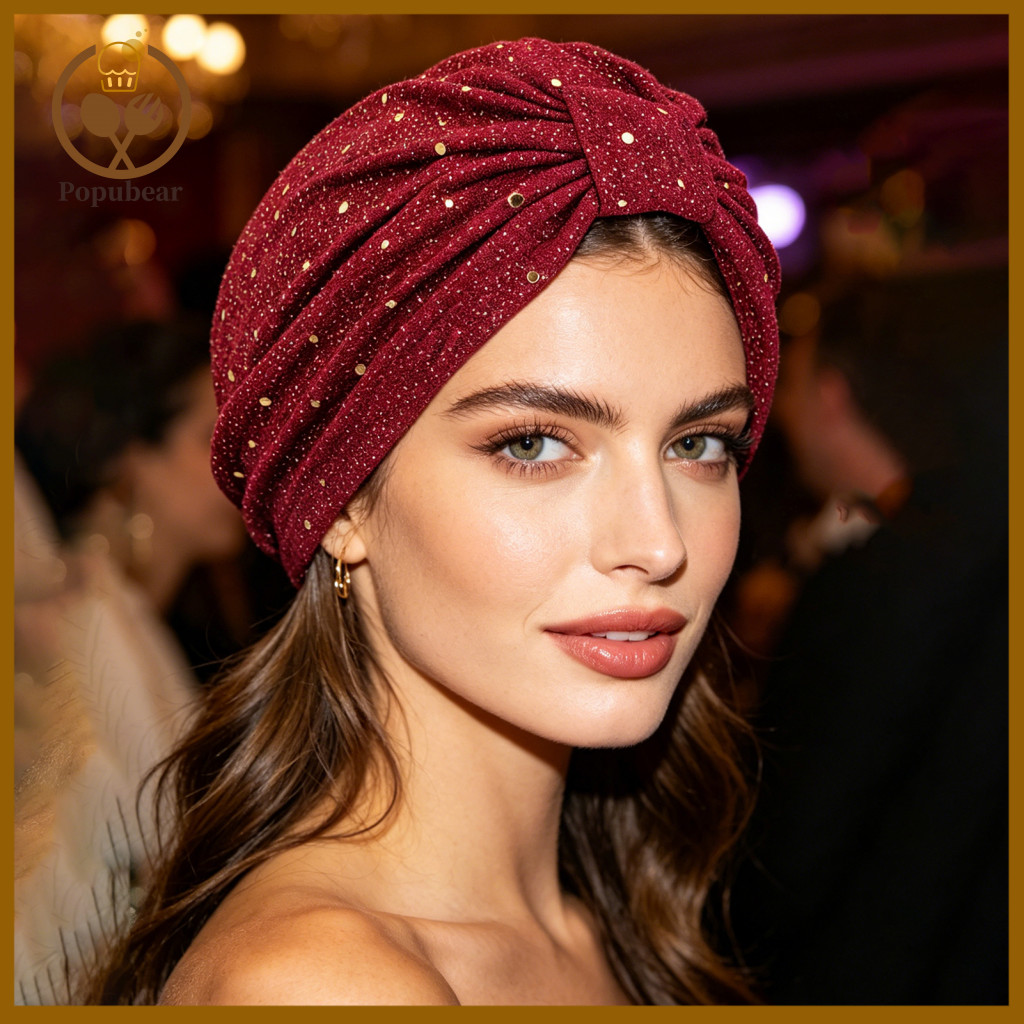 Comfortable Turban Hat Women’s Sequined Crepe – Ethnic Style Knotted Front Headwrap Stylish and for Face Shapes Perf