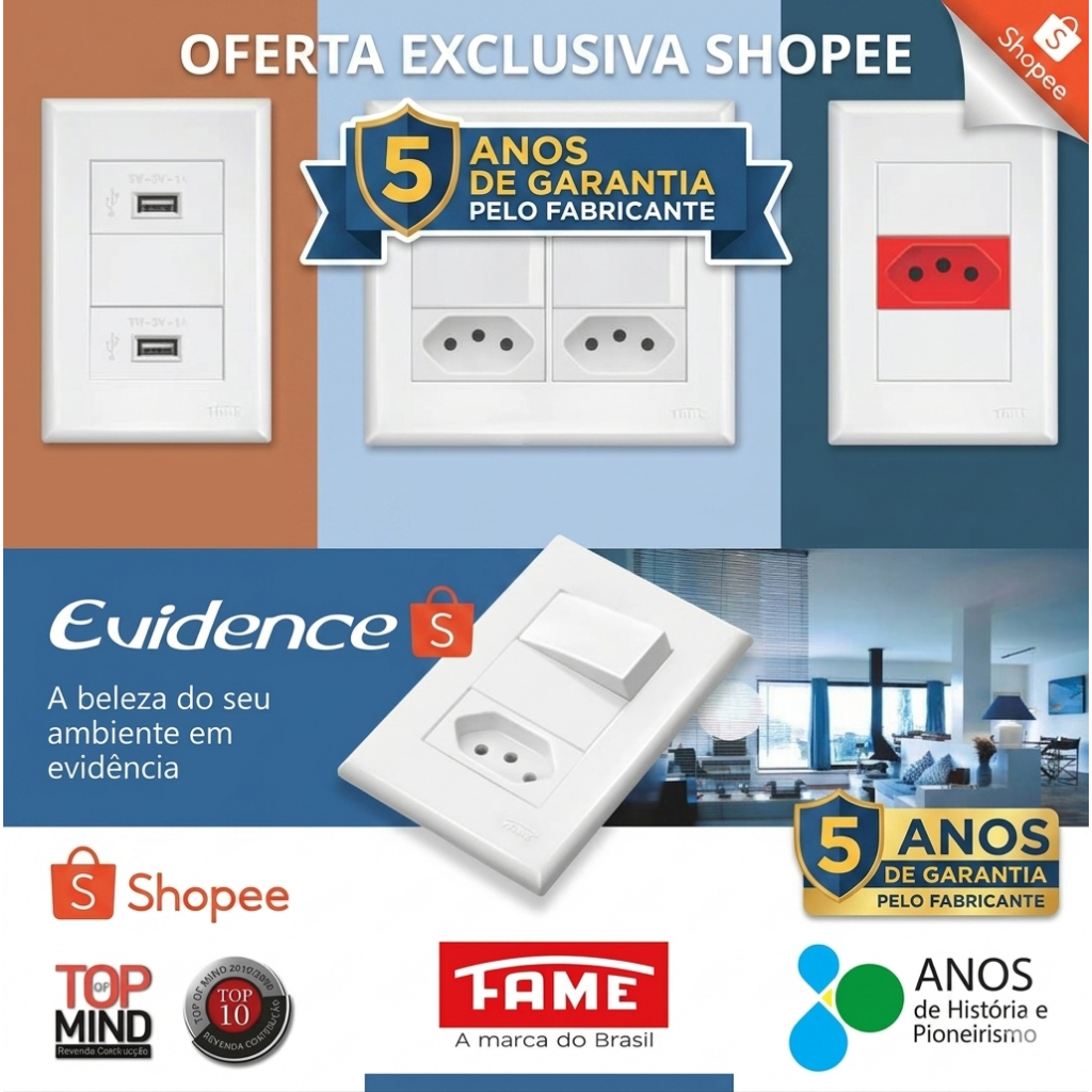 Tomada 10A 20A Fame Evidence Interruptor Modulo Placa Linha Completa Branca Interruptores Quarto Sala