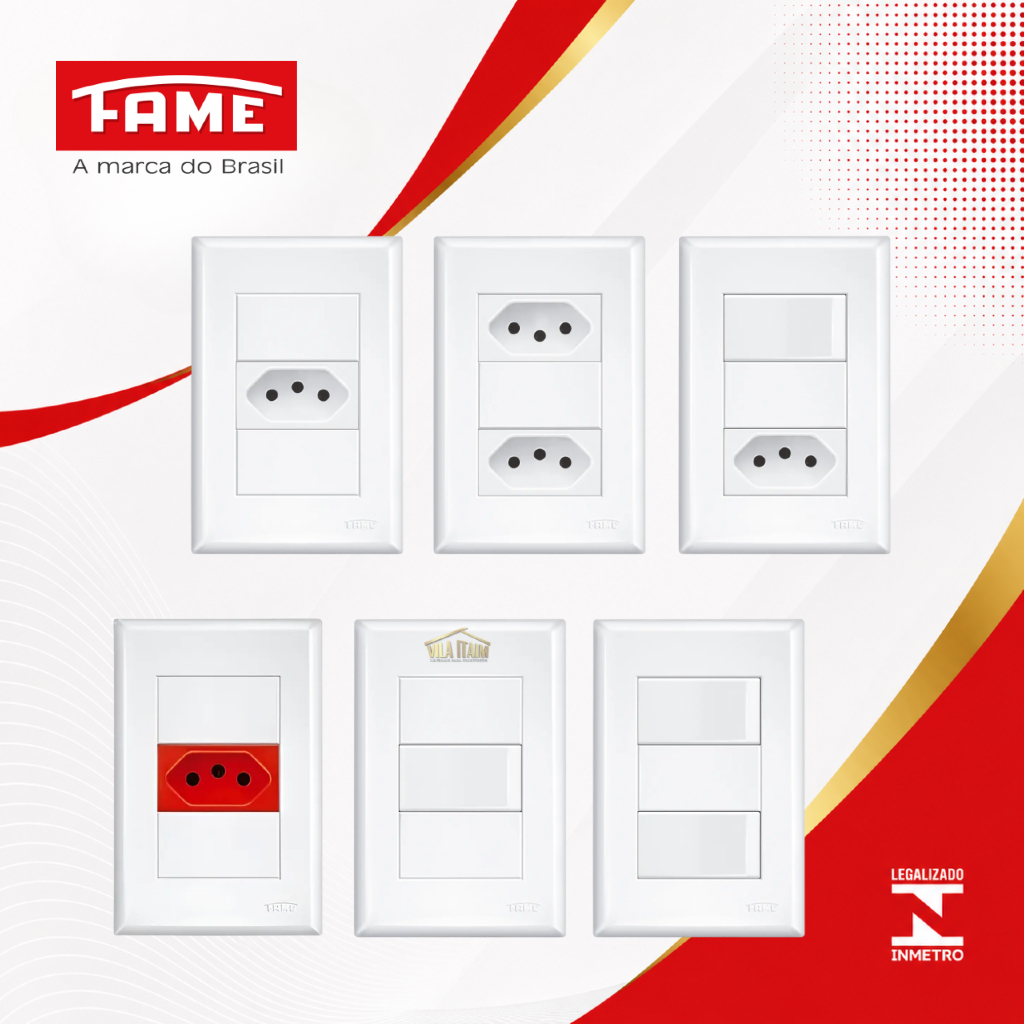 Tomada e interruptor conjunto fame módulo 10A ou 20A linha evidence 4X2 ou 4x4 cor branca NORMATIZADO 2P+T