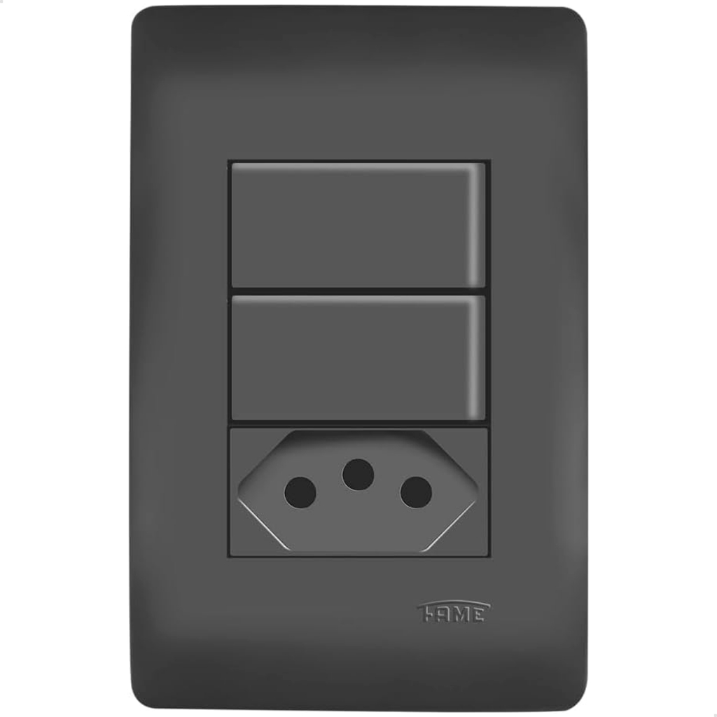 Conjunto 2 Interruptores Simples + 1 Tomada 10A Preta Fame Habitat Black Preto Acetinado Padrão NBR