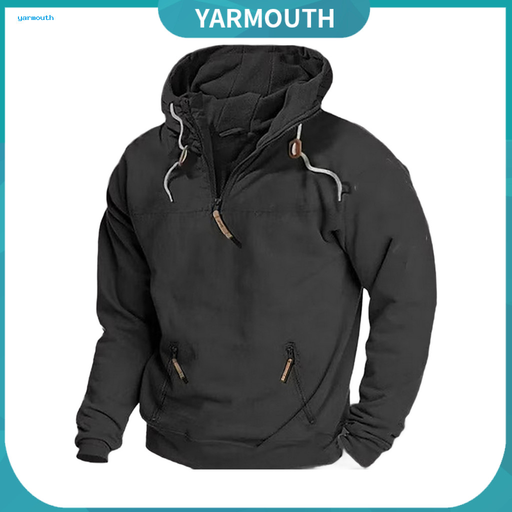 Men Cotton Hoodie Daily Top Men's Fall Winter with Pocket Half Zipper Drawstring Hooded Vintage Style Long Sleeve Solid