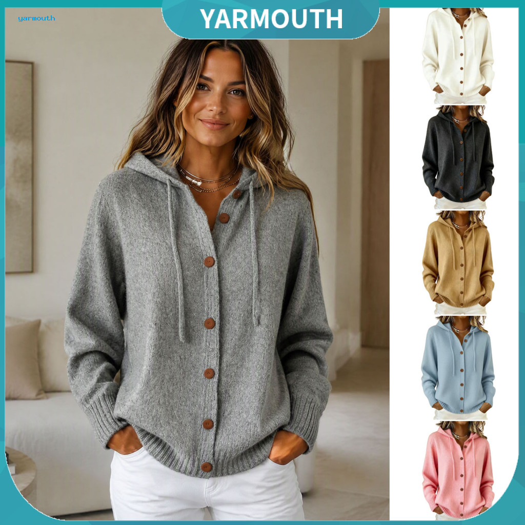 Women Knit Cardigan with Hood Button Front Knitted Sweater Women’s Hooded – Long Sleeve Hoodie Solid Color for Fall