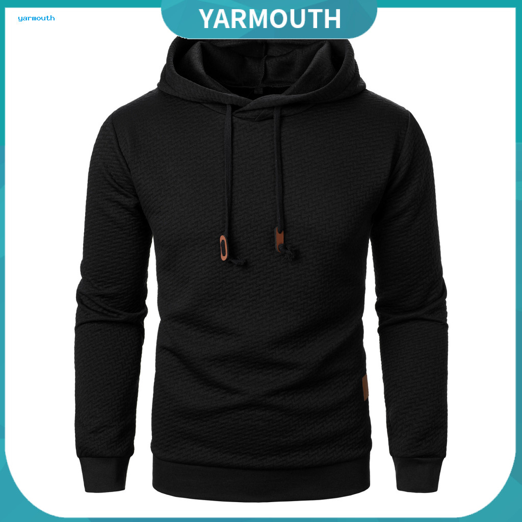 Men Top Fall Hoodie Men's Winter Solid Color Drawstring Hooded Sweatshirt Long Sleeve Jacquard Design Elastic Cuff Hem C