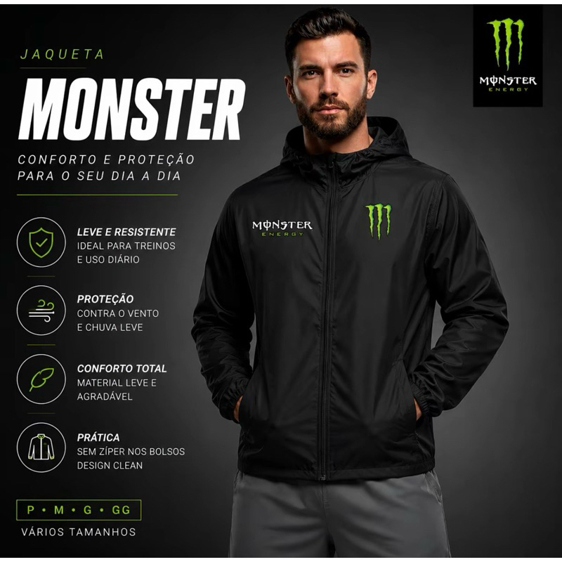 BLUSA CORTA VENTO MASCULINA IMPERMEÁVEL SEMI FORRADA PRETO JAQUETA MONSTER POLIÉSTER LEVE CONFORTÁVEL ENVIO 24H