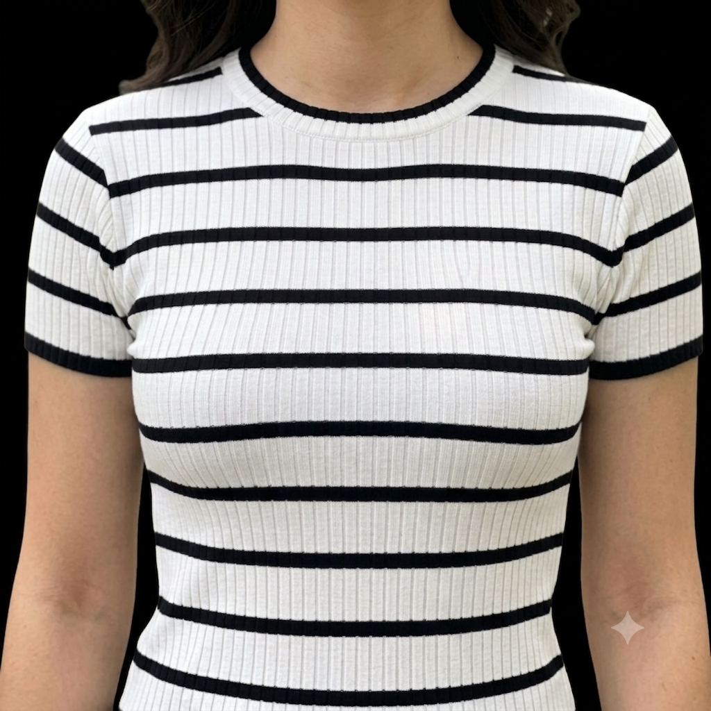 CAMISA Blusa Feminina listrada Manga corta Cacharrel gola normal  Conforto e Versatilidade em Malha Canelada