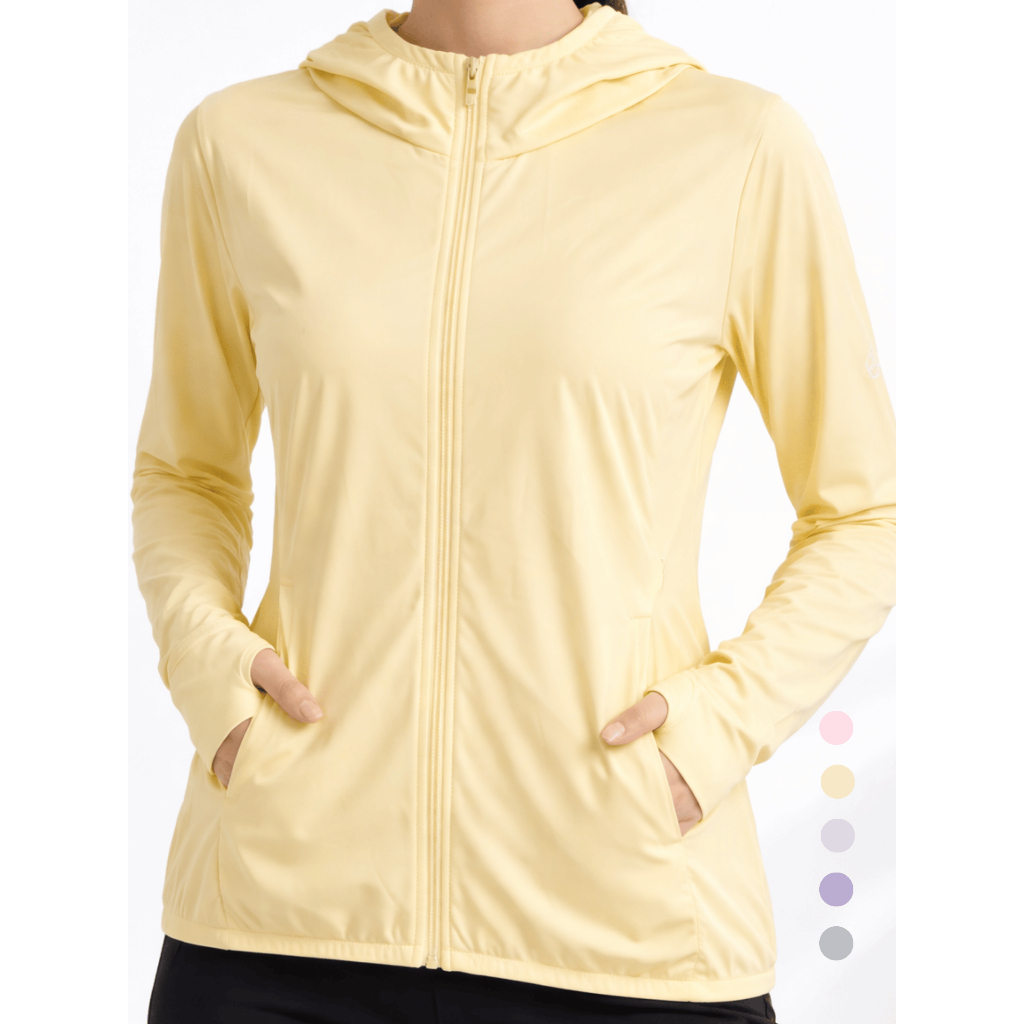 Jaqueta Feminina Corta Vento Slim Proteção UV 50+ Blusa Casaquinho Com Bolsos Internos Jaquetinha Com Capuz Malha Fria