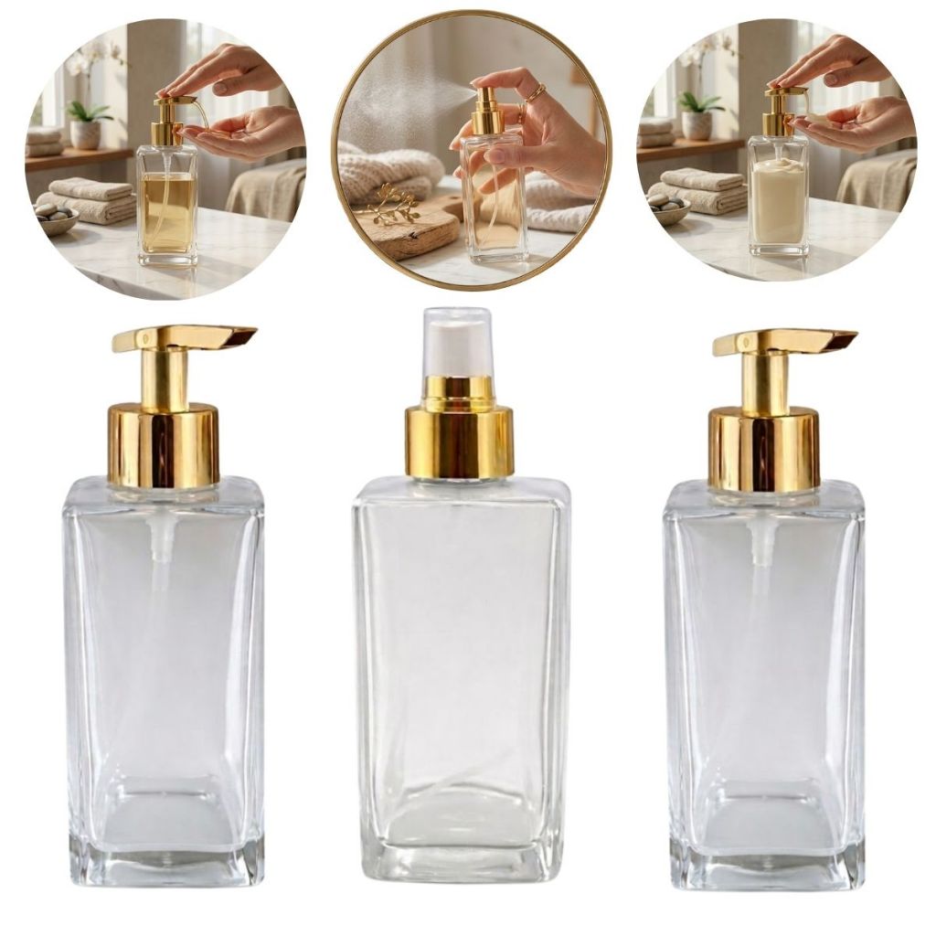 Kit 3 Frascos Square de Vidro 250ml para Sabonete Líquido e Home Spray – Válvula Pump e Spray- 06 opçoes de cores as tam