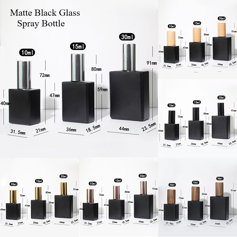 10/15/30ML Flat Square Matte Black Glass Perfume Spray Frasco Vazio Recarregável Parafuso Amostra De Viagem