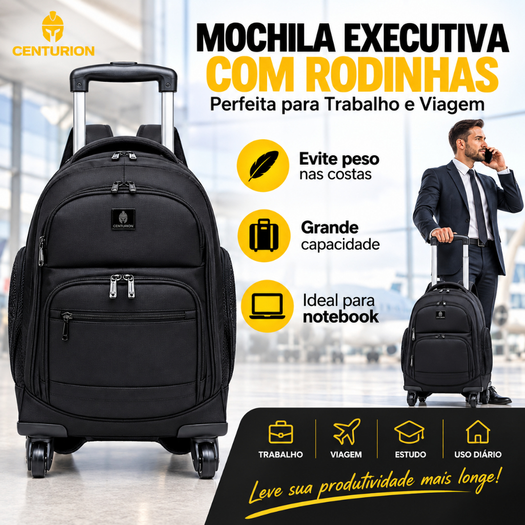 Mochila Com Rodinhas Centurion Executiva Grande Resistente Trabalho Moderna