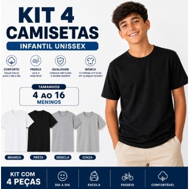 KIT 4 Camisetas Camisa Blusa Menino Confortável Básica 100% algodão Escolar Passeio Manga Curta