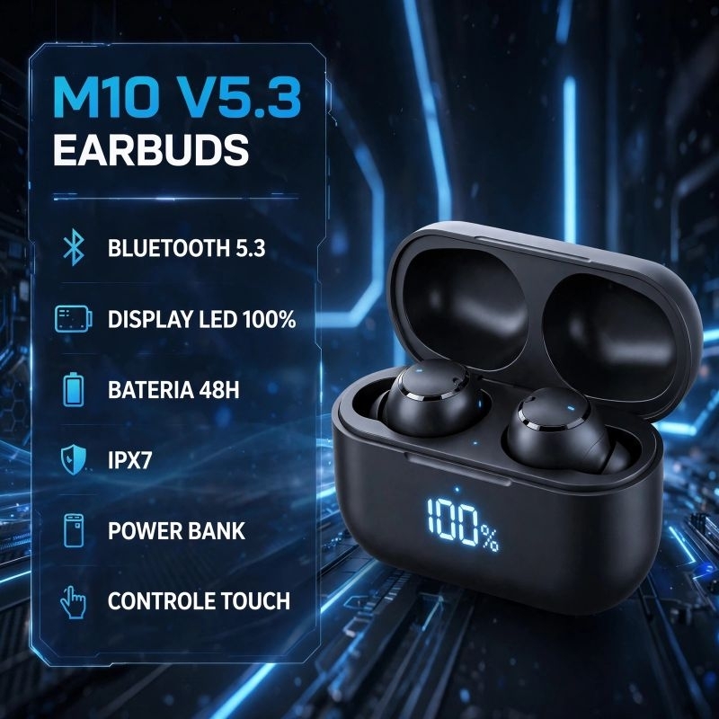 Fone M10 V5.3 Bluetooth 5.3 TWS Com Display LED Power Bank À Prova D'água