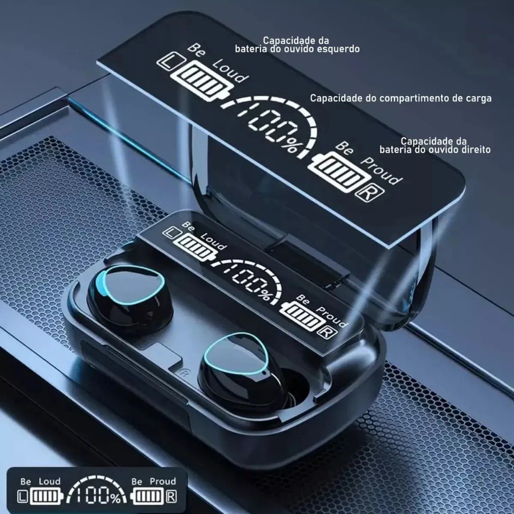 Fone de Ouvido Bluetooth M10 TWS Sem Fio com Case Power Bank LED Microfone Android iOS