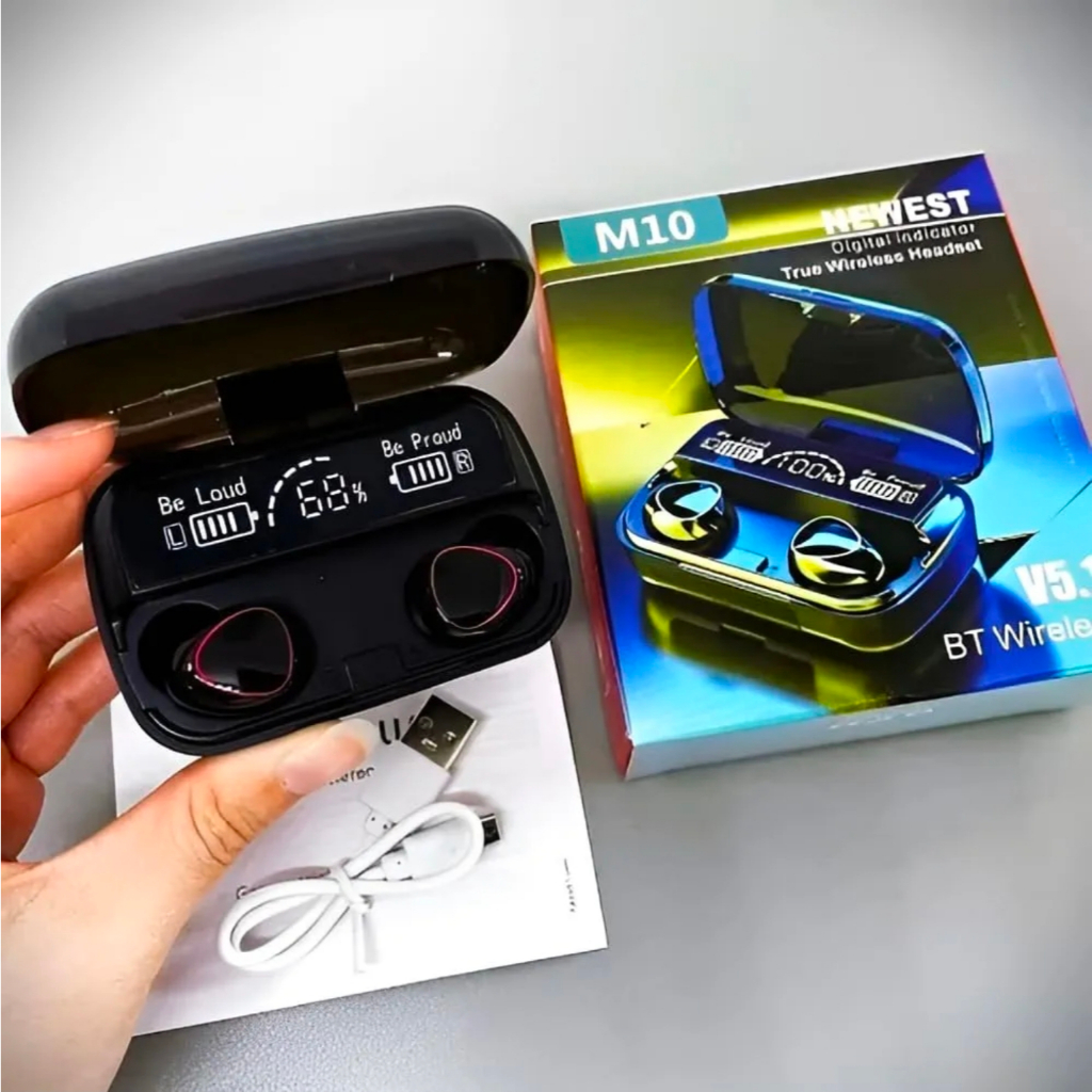 Fone de Ouvido Bluetooth 5.3 M10 TWS com Estojo Digital - Som HiFi Estéreo