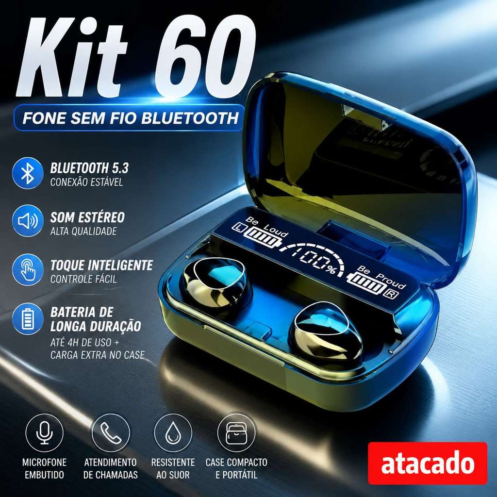Kit 60 M10 Bluetooth 5.3 Fones de ouvido sem fio TWS estéreo com carregador Power Bank