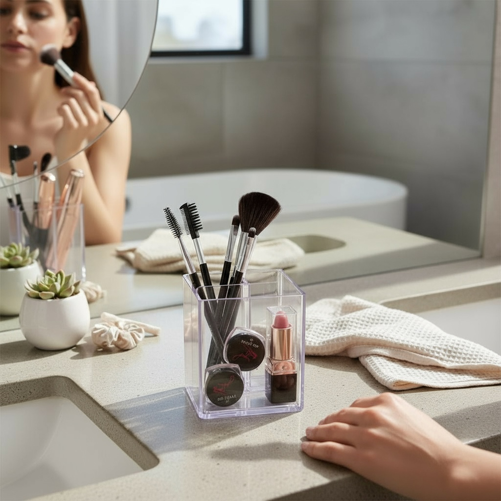 Porta Maquiagem Acrílico 3 Compartimentos Maxcril Transparente Pincel Batom Cosméticos Mesa waleu