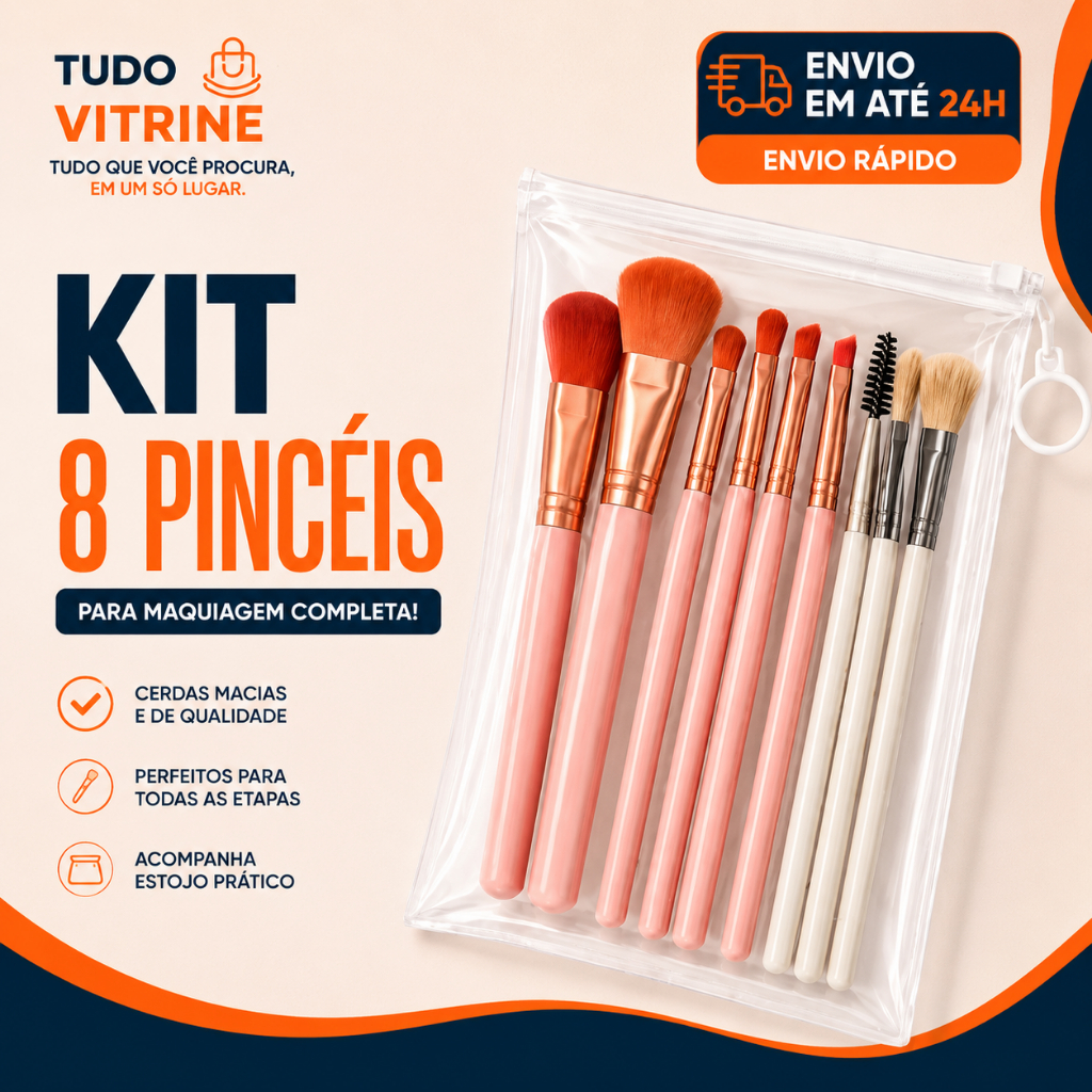 Kit 8 Pincéis de Maquiagem com Estojo Transparente Macios para Base Sombra Blush