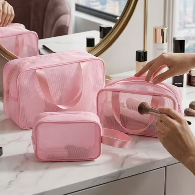 Necessaire Organizadora Com 3 Peças Transparente Para Cosméticos E Pincéis Impermeável PVC