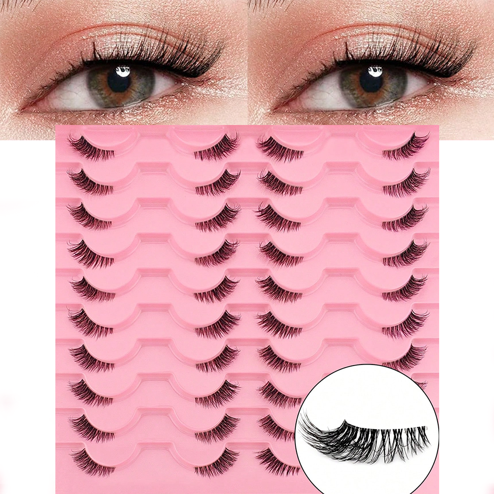Cílios Curtos Naturais 20 Pares - Faixa Transparente, Estilo Gato Fofo, Canto Acentuado 3/4, Pacote Reutilizável