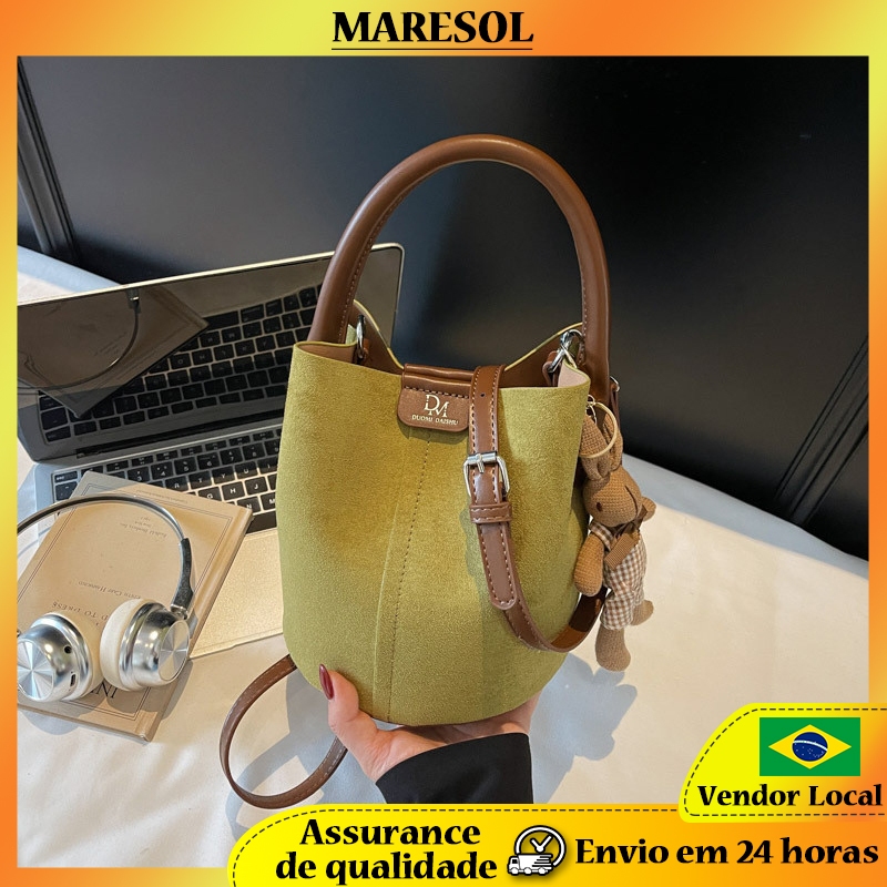 MARESOL Fosco Balde Bolsa Feminina Moda Commuter Bolsa Retro Camurça Ombro Bolsa Mensageiro