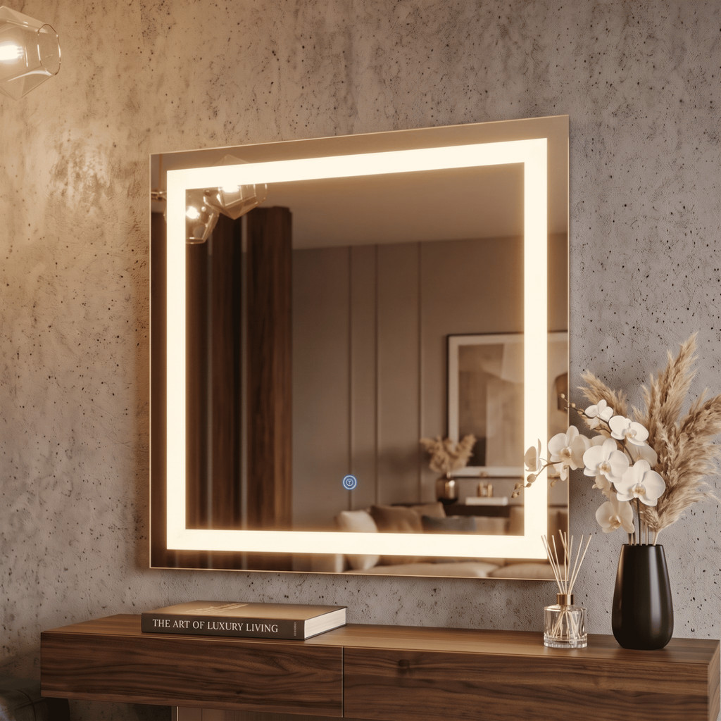 Espelho Quadrado Jateado com LED 3 CORES Botão Touch Decorativo Parede Prático Moderno
