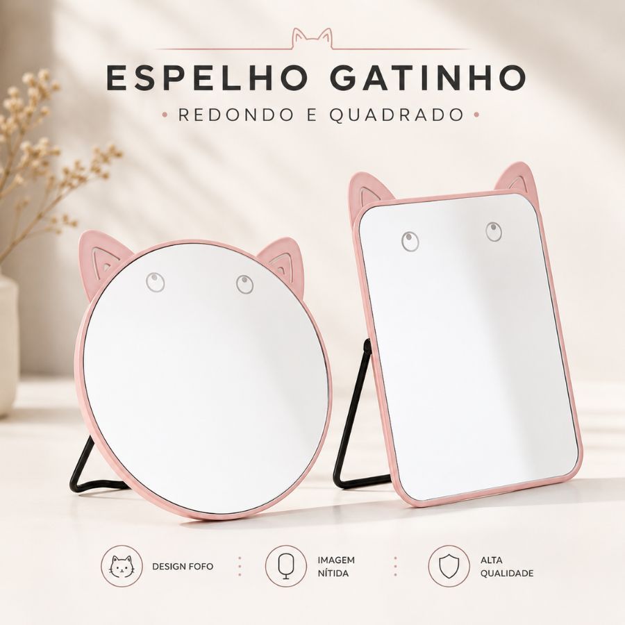 Espelho De Mesa Gatinho Redondo Ou Quadrado Decorativo Metal Maquiagem Penteadeira Pequeno Aleatório