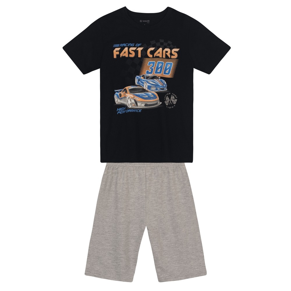 Conjunto Infantil Menino Brandili Com Bermuda Cinza e Camiseta Preta Fast Cars