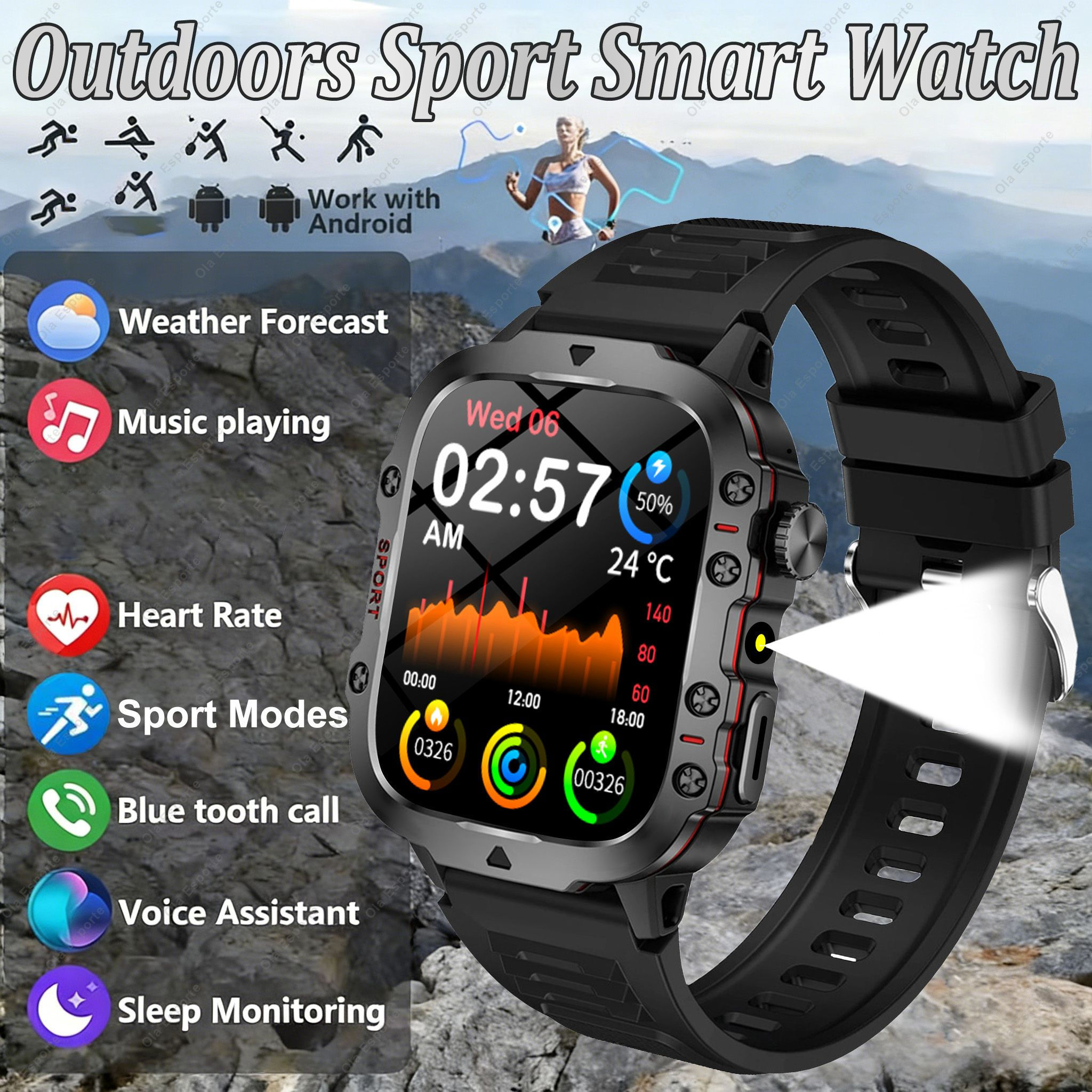 Novo Relógio Inteligente Masculino Relógios Ao Ar Livre À Prova Dwaterproof Água Voz Bluetooth Chamada Lanterna LED Smar