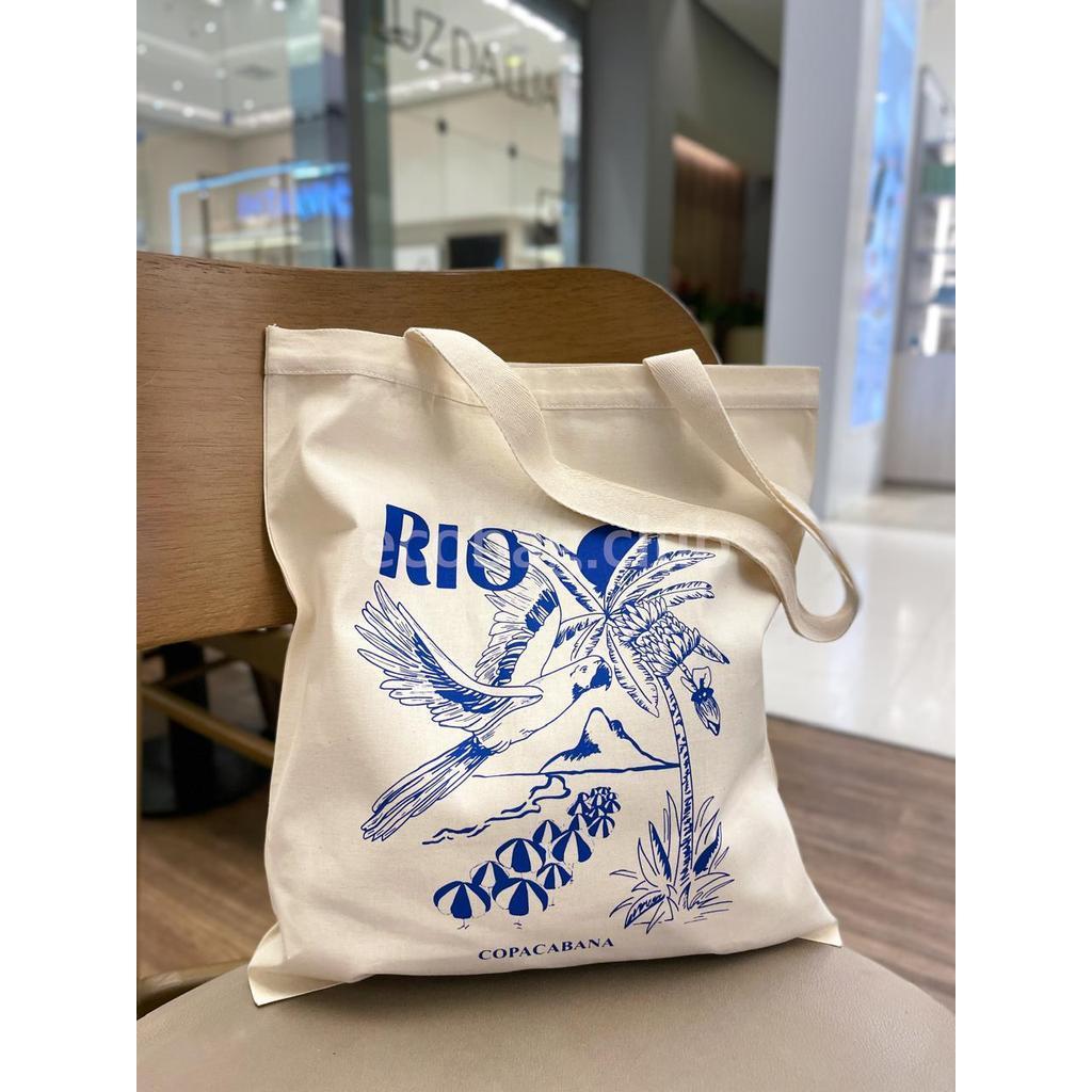 Ecobag Rio  Algodão Cru Bolsa Tote Praia Sacola Ecológica Reutilizável Feminina Trend Azul Trabalho