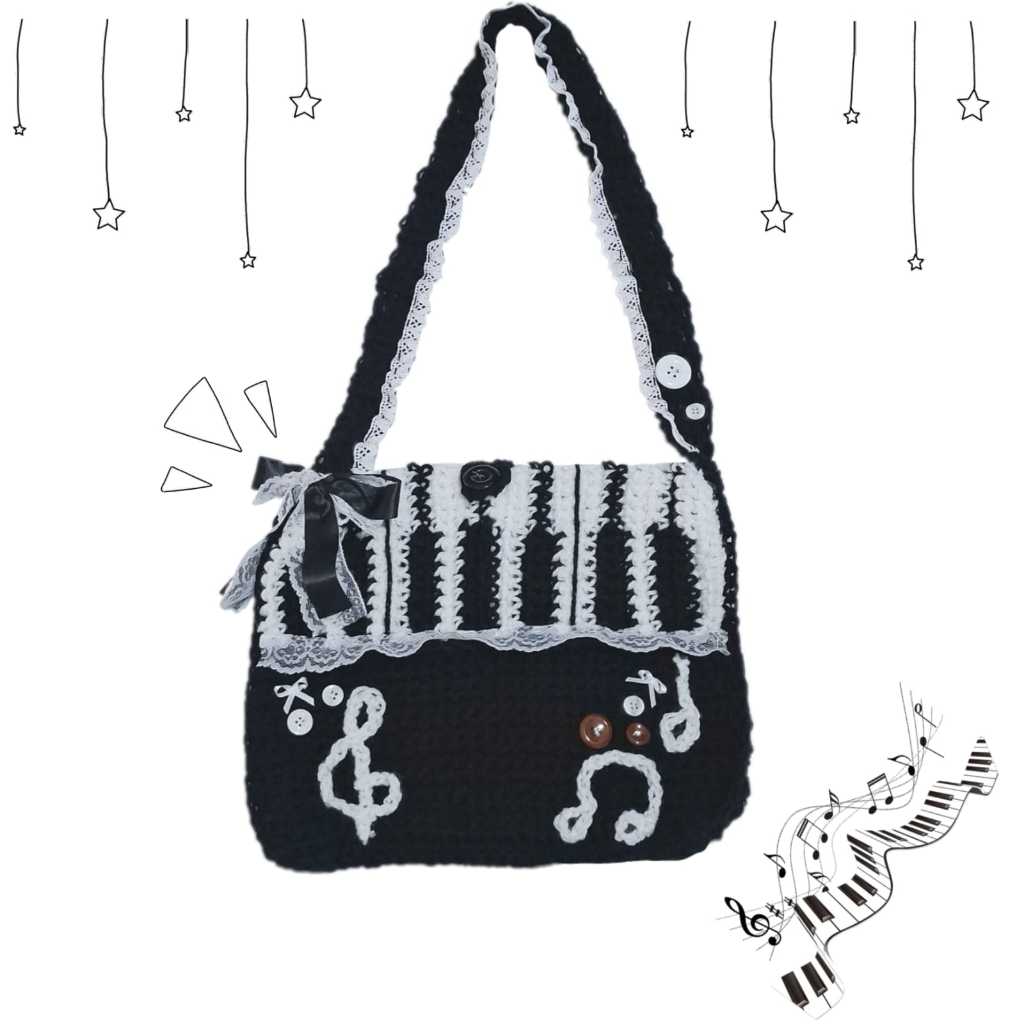 bolsa piano transversal ou de ombro croche bordado renda laço dark coquette cutecore kawaii tiktok trend