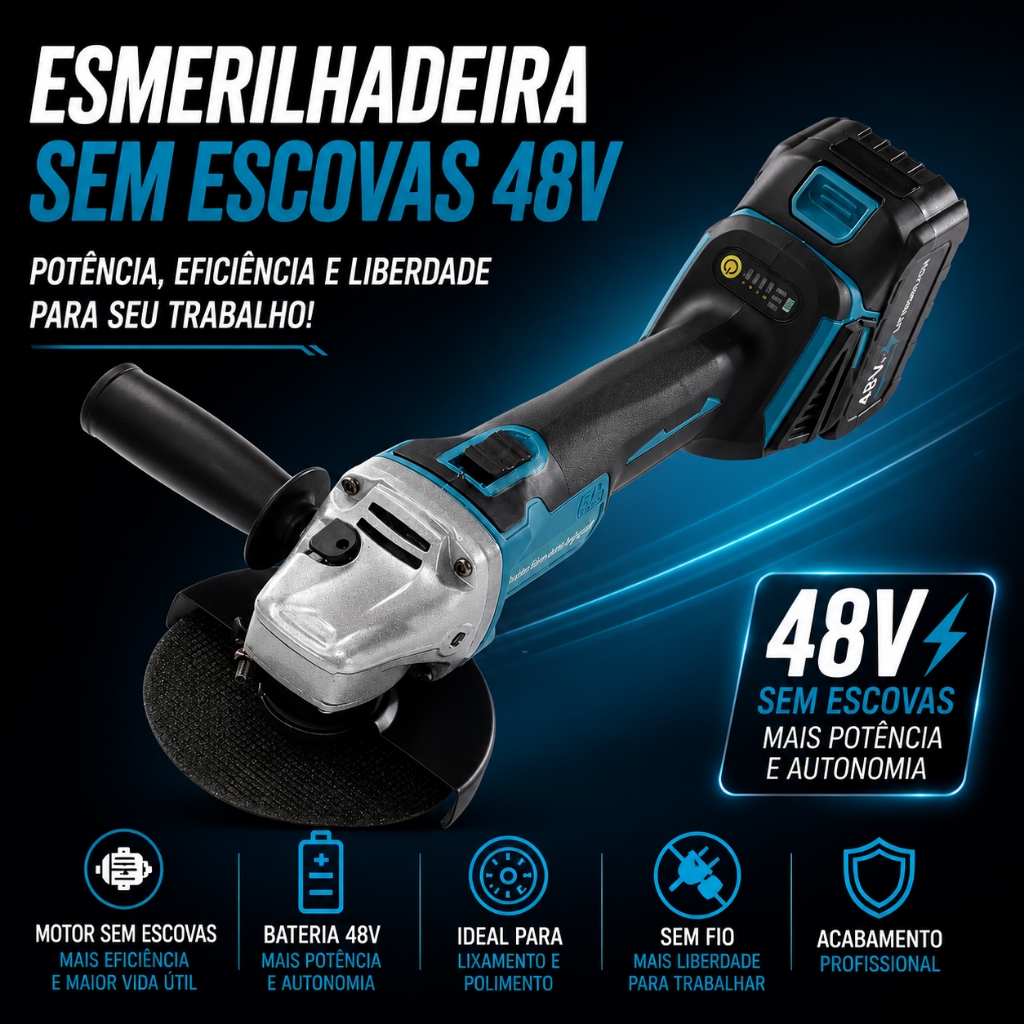 Esmerilhadeira Angular Kit Completo Sem Fio Brushless 125mm 48V 2 Baterias Lítio 4 Vel