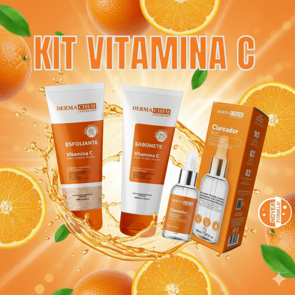 Kit Skin Care Clareador de Melasma Dermachem Vitamina C 30ml Sérum Clareador l Sabonete l Esfoliante
