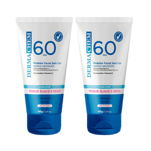 Kit 2/1 Protetor Solar Rosto FPS 60 Sem Cor Toque Seco Super Hidratante Rejuvenescedor 40g Dermachem
