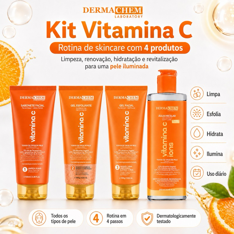 Kit Skin Care Vitamina C Dermachem Completo Clareador Facial com Água Micelar Sabonete Gel e Esfoliante