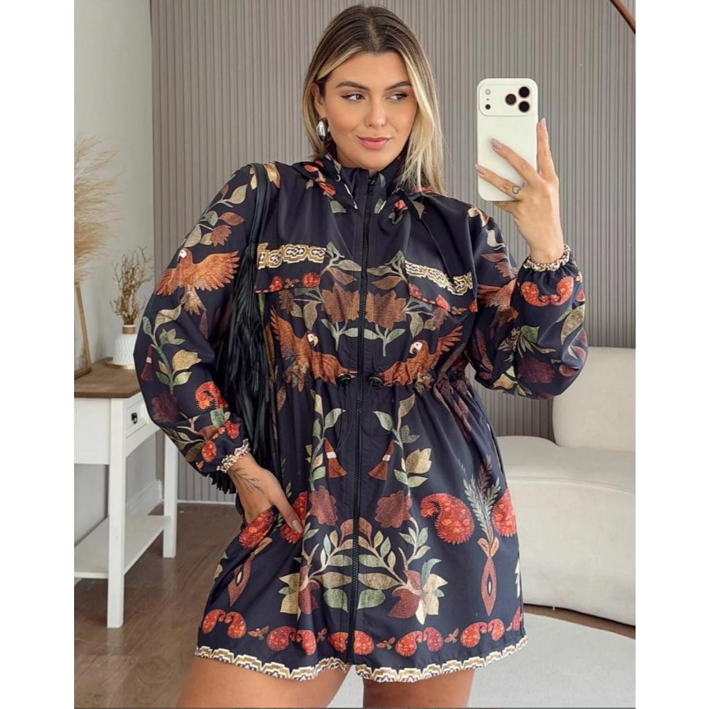Jaqueta Corta vento Parka estampado moda Plus size manga longa