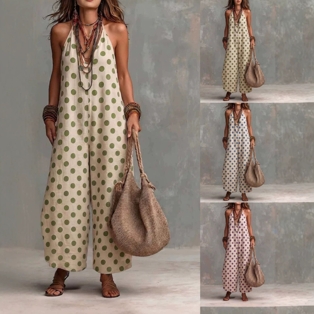 Vento Polka Dot Halter macacão feminino verão sem mangas suspensórios de perna larga moda férias Wear camadas