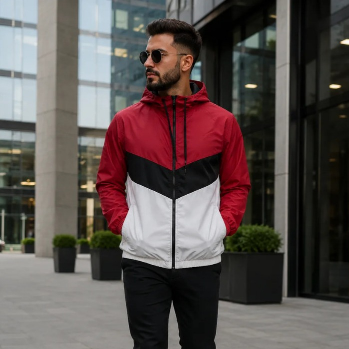 Jaqueta Masculina Casaco Corta Vento Bicolor Com Bolso M Tactel Ziper Manga Longa Outono Inverno