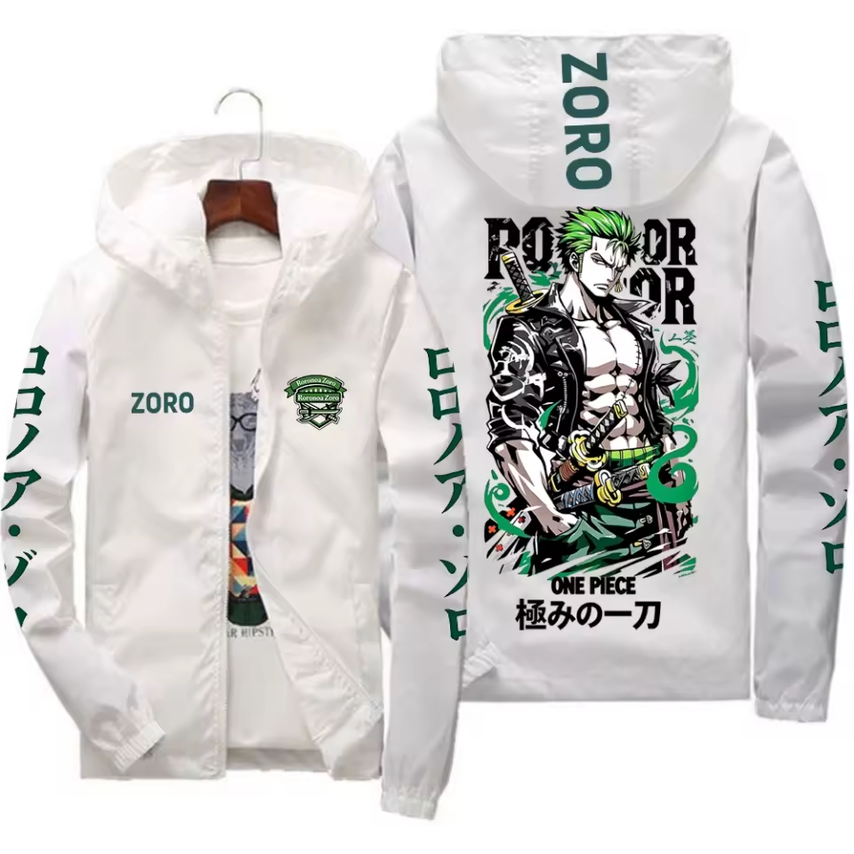 Jaqueta corta vento tactel leve fitness slim com bolso e capuz anime geek gym zoro anime manga