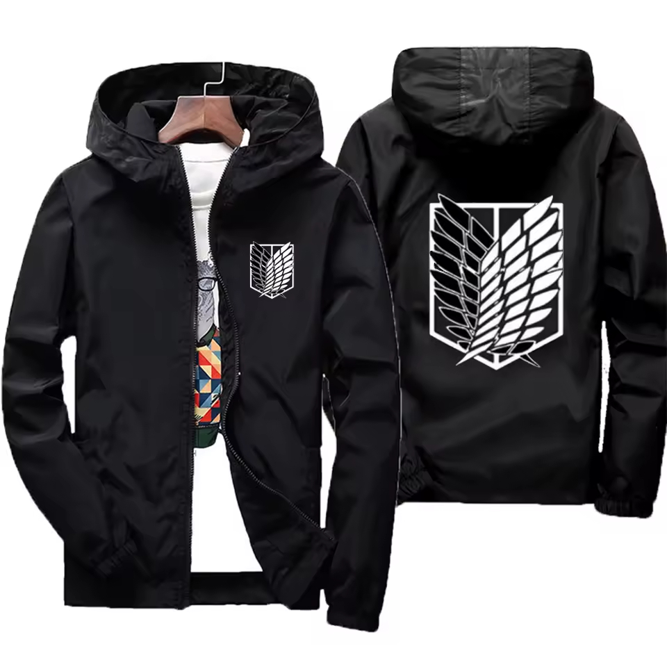 Jaqueta corta vento tactel leve fitness slim com bolso e capuz attack on titan anime manga dark slim