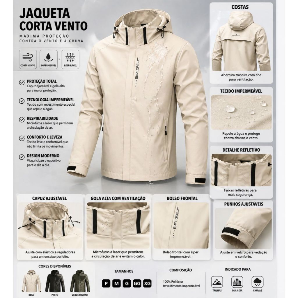 JAQUETA MASCULINA CORTA VENTO IMPERMEAVEL COMJ CAPUZ REMOVIVEL VELCRO NAS MANGAS PARA DIAS DE CHUVA