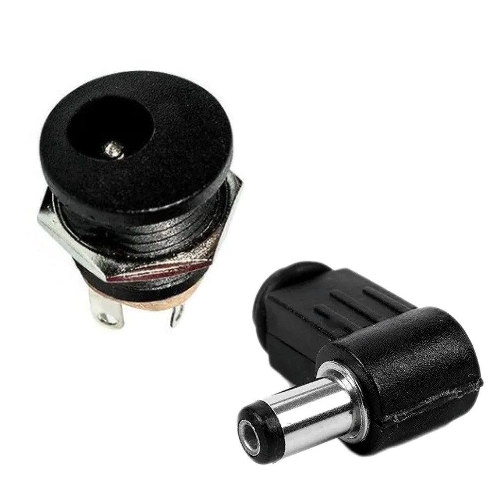 1 PAR Conector plug P4 tipo JACK  DC-022 lado macho plug 90 graus lado fêmea com rosca e arruela