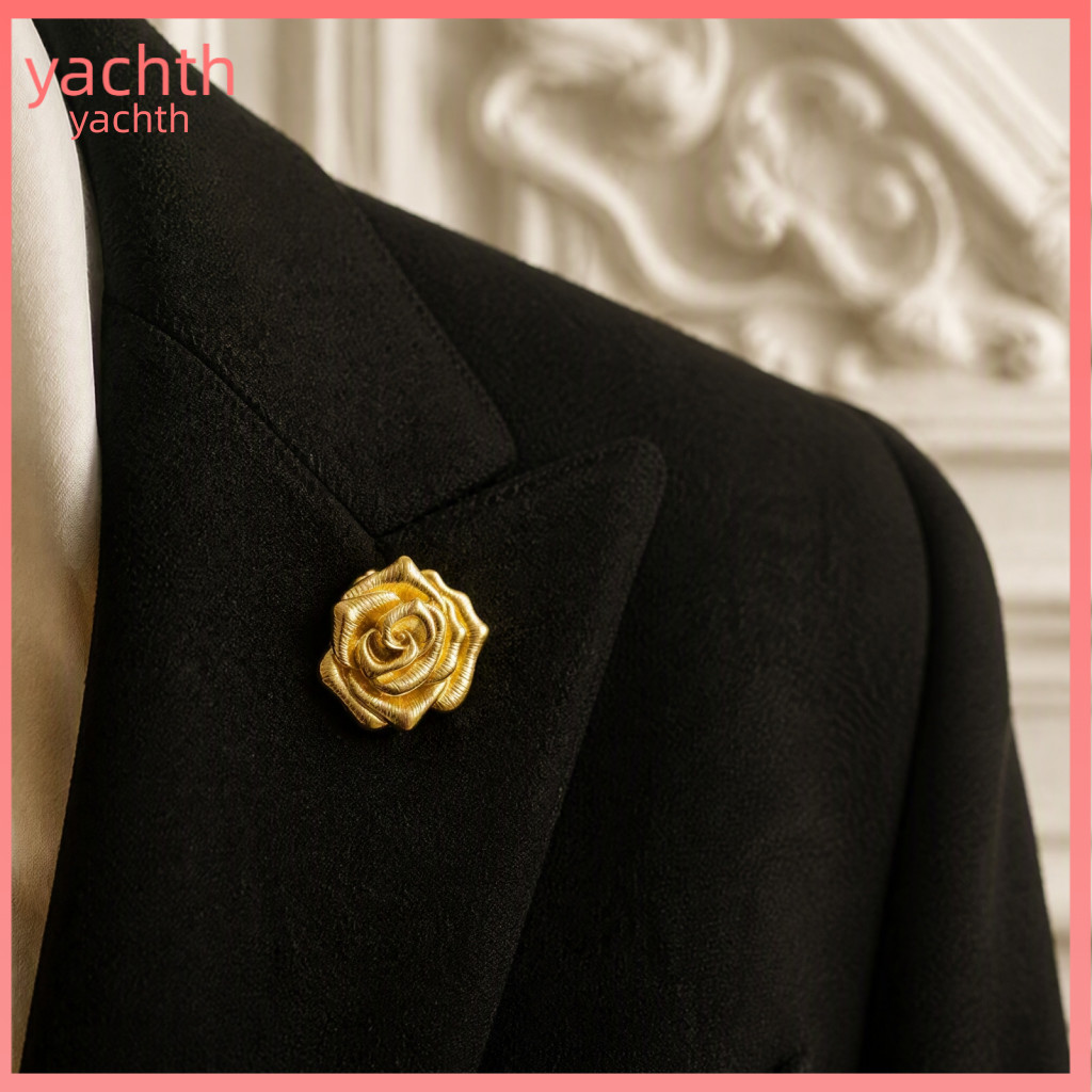 Retro Style Suit Pins Vintage Rose Brooch Gold Plated for Women – Elegant Metal Flower Lapel Pin Floral Relief Badge P