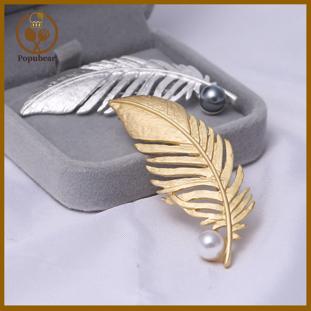 Bag Brooch Pin Cardigan Retro Matte Electroplated Faux Pearl Feather Elegant Shawl Coat Accessory Fashion Jewelry for Wo