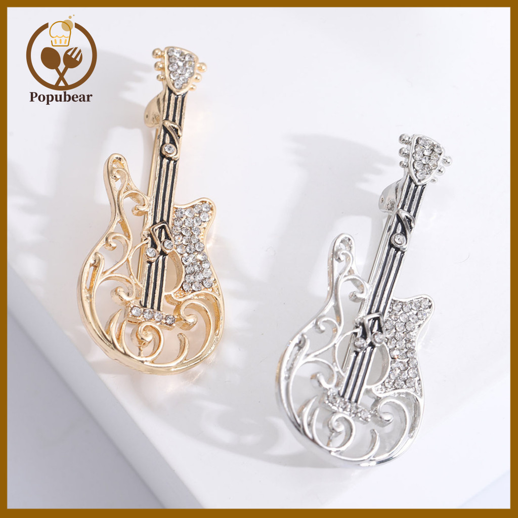 Hat Brooch for Sweaters Retro Rhinestone Guitar for Women Elegant Hollow Collar Pin Vintage Style Corsage Buckle Perfect
