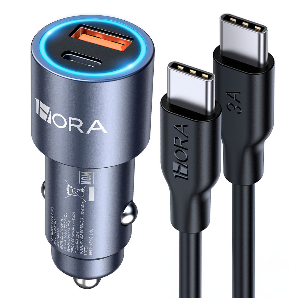Carregador Veicular Carro 1Hora 3A+Cabo Usb Tipo C Azul
