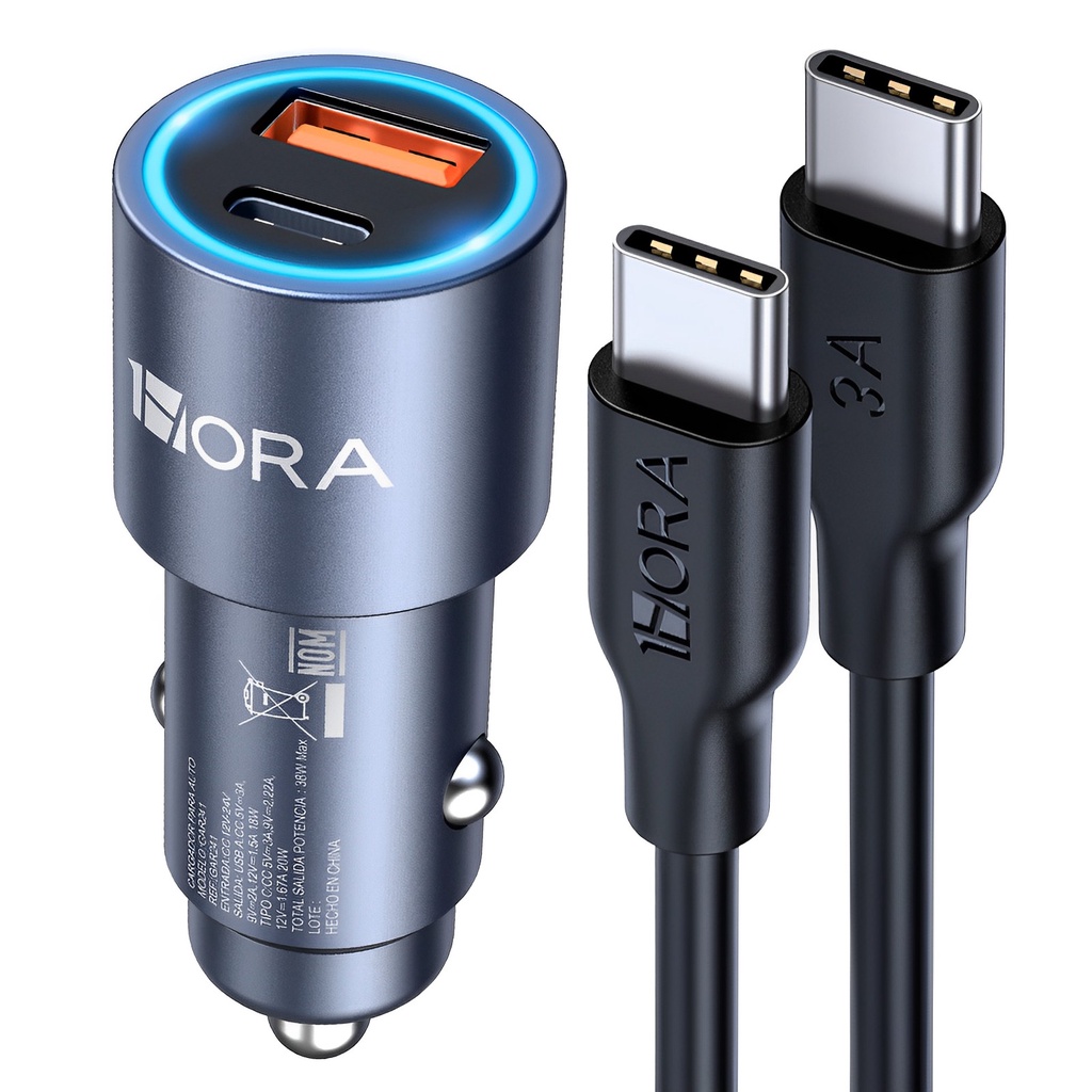 Carregador Veicular Carro 1Hora 3A+Cabo Usb Tipo C Azul