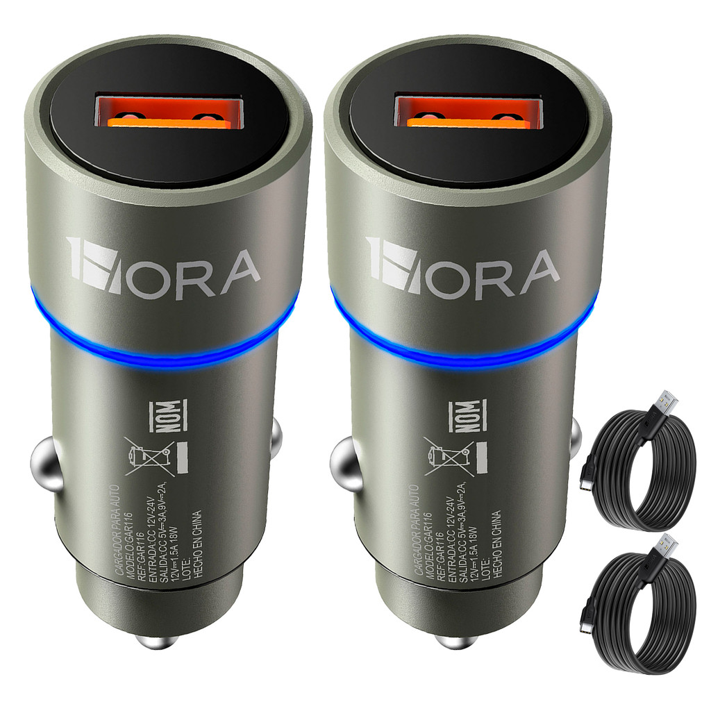 Carregador Veicular Carro 1Hora 3A+Cabo Usb Tipo C Preto 2 Unidades